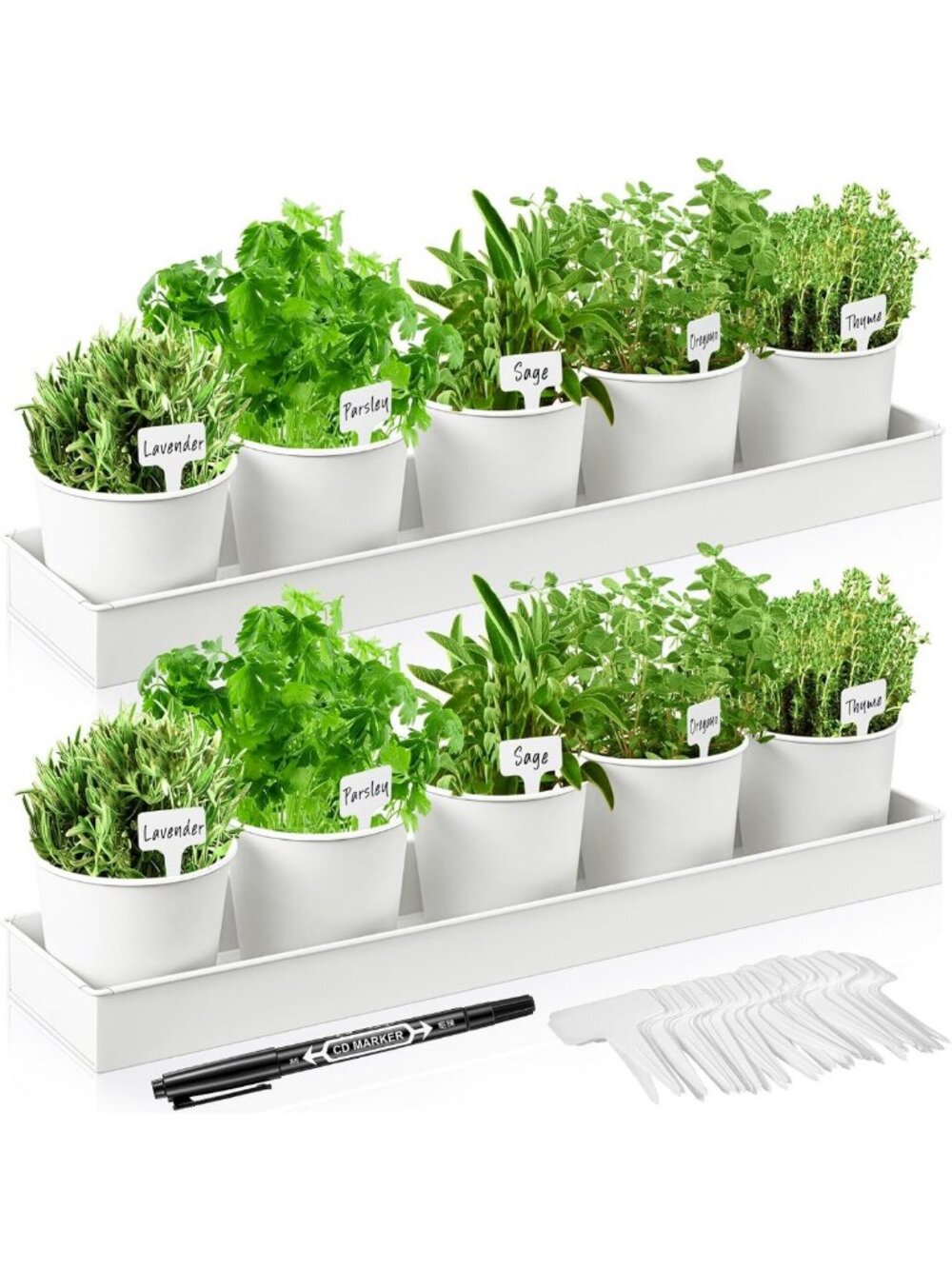 Indoor Herb Garden Planter Kit - 2 Sets with 10 Metal Pots, White - Perfect for